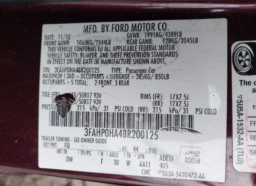 Photo 9 of 2011 Ford Fusion SE (VIN 3FAHP0HA4BR200125)