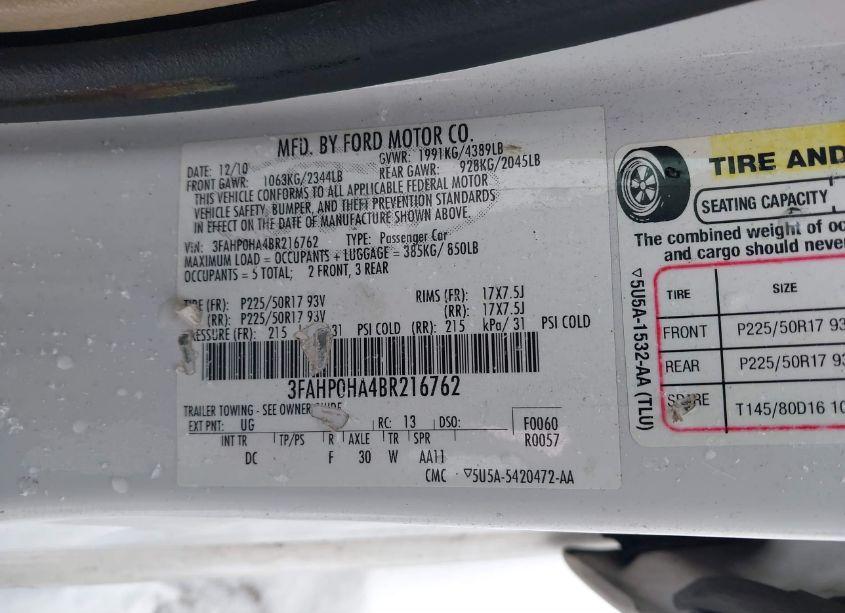 Photo 9 of 2011 Ford Fusion SE (VIN 3FAHP0HA4BR216762)