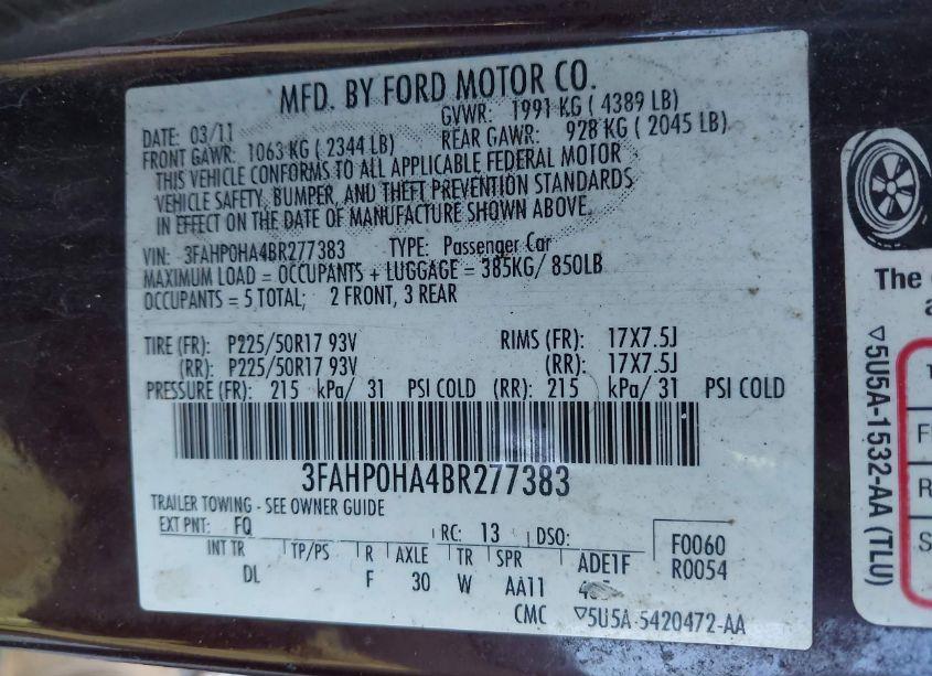 Photo 9 of 2011 Ford Fusion SE (VIN 3FAHP0HA4BR277383)