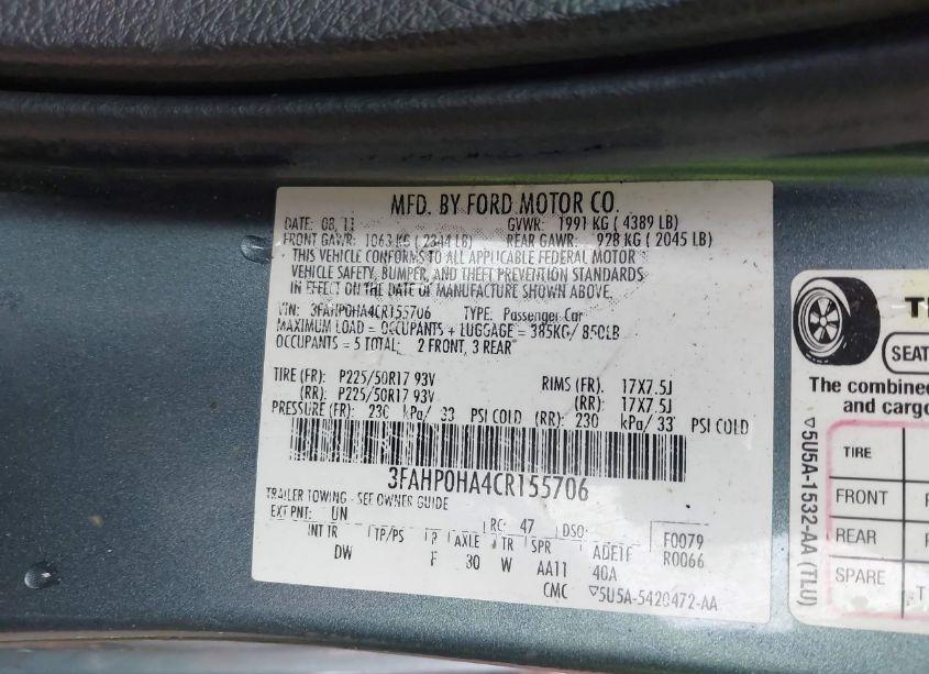 Photo 9 of 2012 Ford Fusion SE (VIN 3FAHP0HA4CR155706)