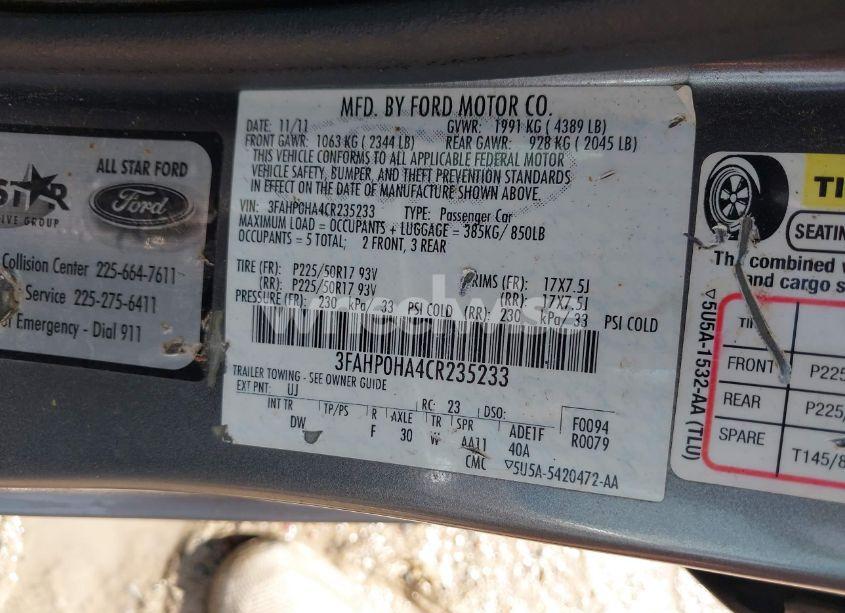Photo 9 of 2012 Ford Fusion SE (VIN 3FAHP0HA4CR235233)
