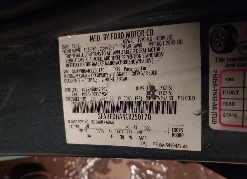 Photo 9 of 2012 Ford Fusion SE (VIN 3FAHP0HA4CR250170)