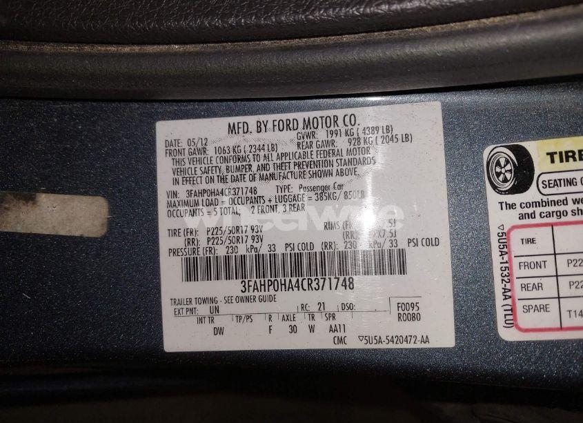 Photo 9 of 2012 Ford Fusion SE (VIN 3FAHP0HA4CR371748)