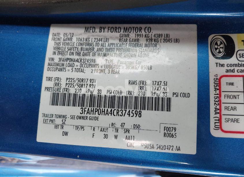 Photo 9 of 2012 Ford Fusion SE (VIN 3FAHP0HA4CR374598)