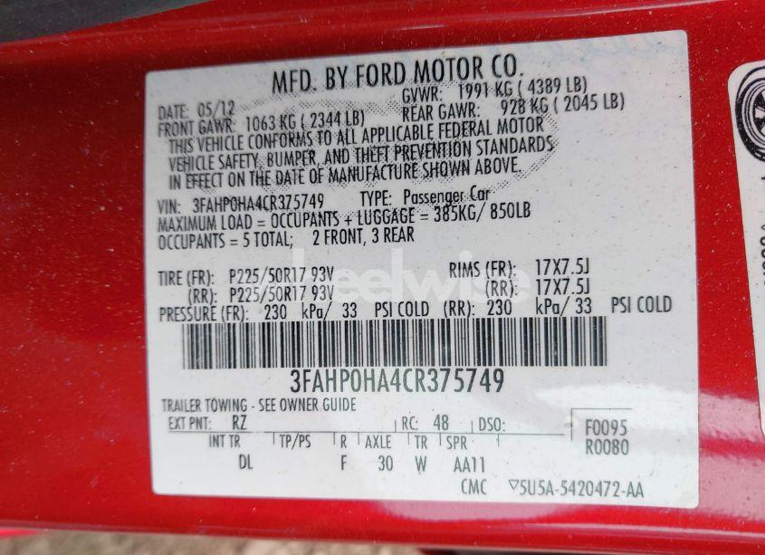 Photo 9 of 2012 Ford Fusion SE (VIN 3FAHP0HA4CR375749)
