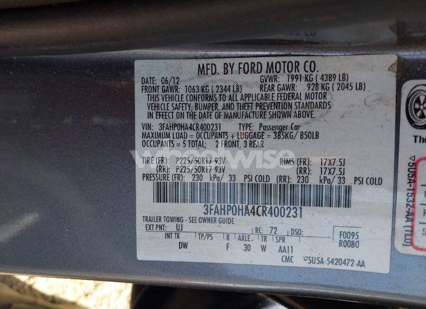 Photo 9 of 2012 Ford Fusion SE (VIN 3FAHP0HA4CR400231)