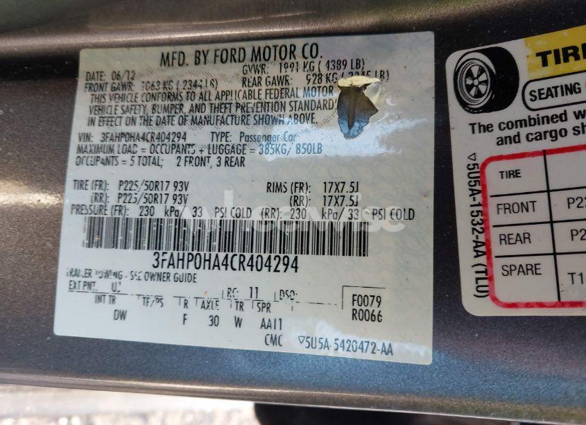 Photo 9 of 2012 Ford Fusion SE (VIN 3FAHP0HA4CR404294)