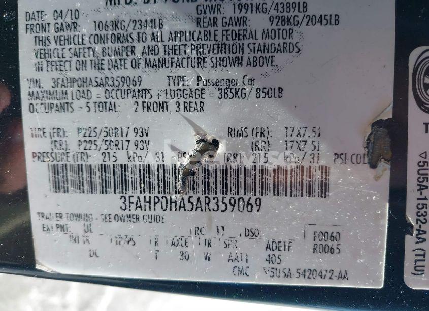 Photo 9 of 2010 Ford Fusion SE (VIN 3FAHP0HA5AR359069)