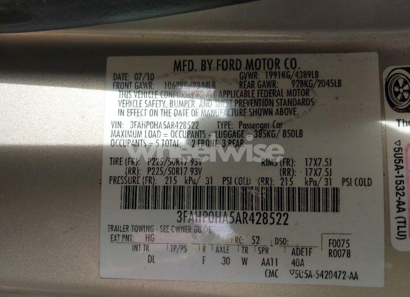 Photo 9 of 2010 Ford Fusion SE (VIN 3FAHP0HA5AR428522)