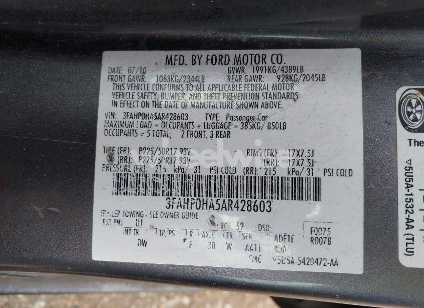 Photo 9 of 2010 Ford Fusion SE (VIN 3FAHP0HA5AR428603)