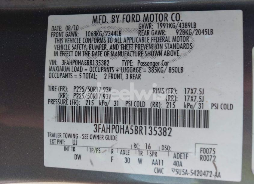 Photo 9 of 2011 Ford Fusion SE (VIN 3FAHP0HA5BR135382)