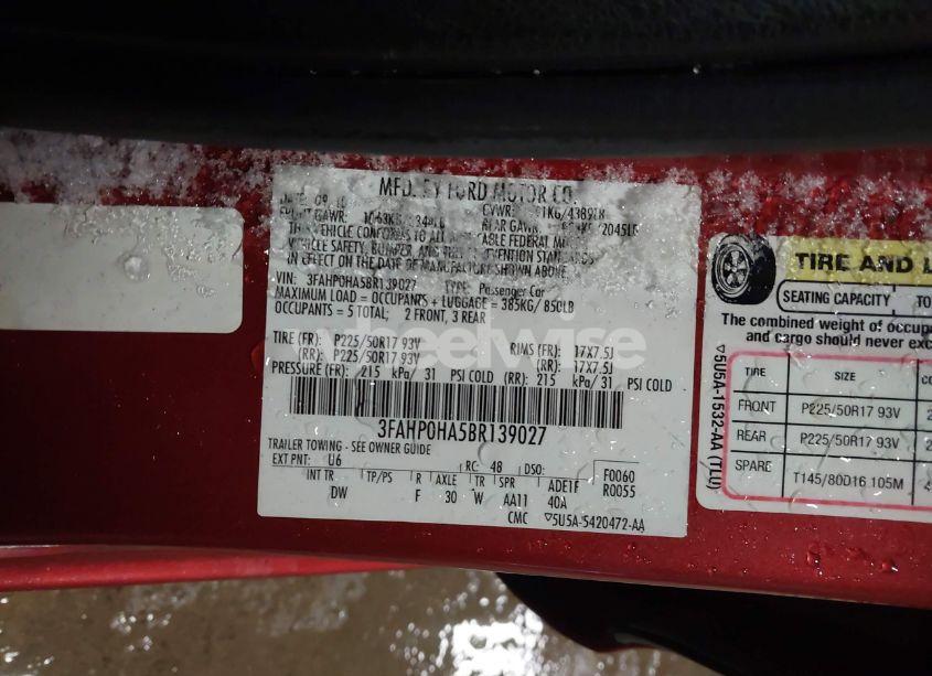 Photo 9 of 2011 Ford Fusion SE (VIN 3FAHP0HA5BR139027)