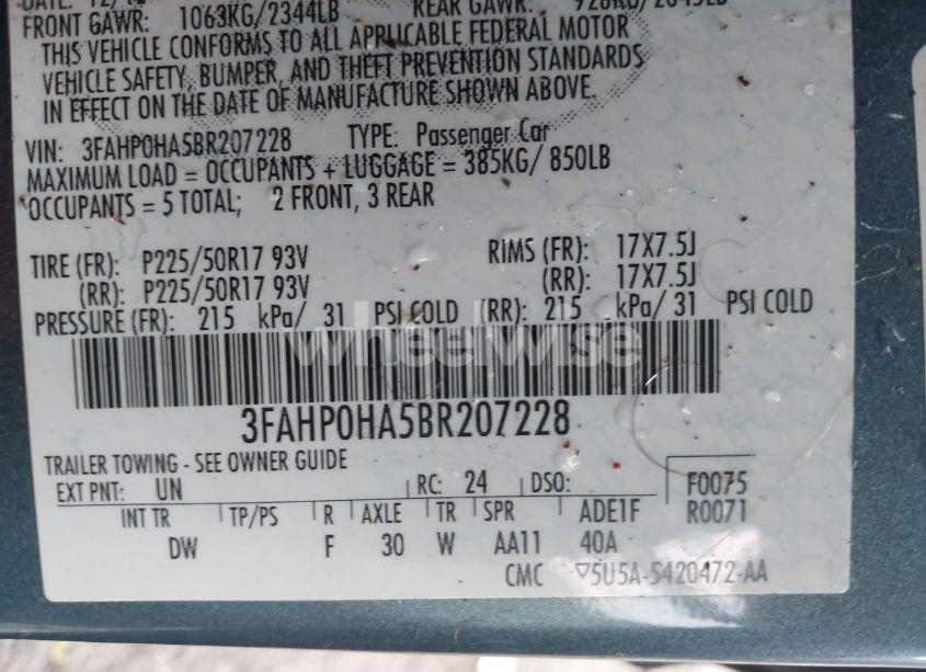 Photo 9 of 2011 Ford Fusion SE (VIN 3FAHP0HA5BR207228)