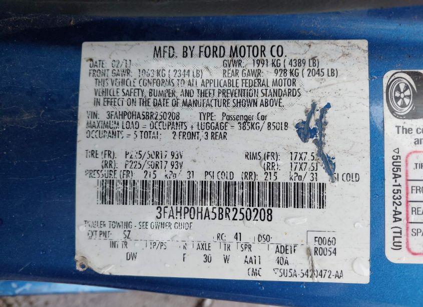 Photo 9 of 2011 Ford Fusion SE (VIN 3FAHP0HA5BR250208)