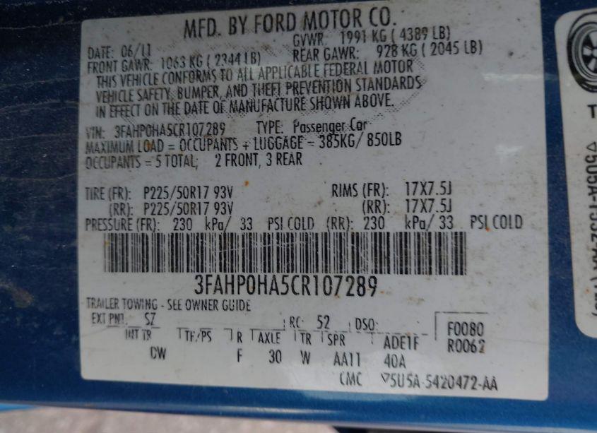 Photo 9 of 2012 Ford Fusion SE (VIN 3FAHP0HA5CR107289)