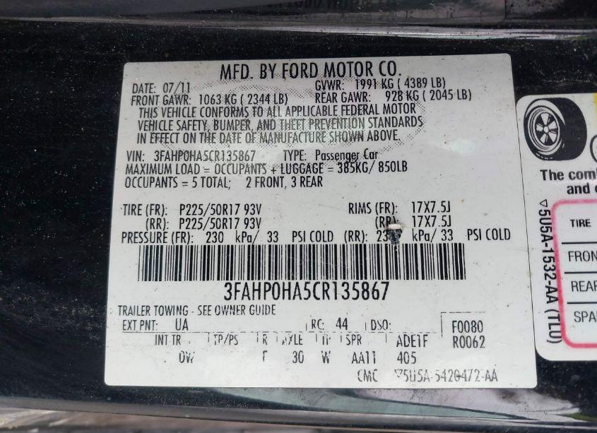 Photo 9 of 2012 Ford Fusion SE (VIN 3FAHP0HA5CR135867)