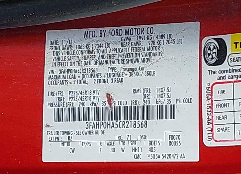 Photo 9 of 2012 Ford Fusion SE (VIN 3FAHP0HA5CR218568)