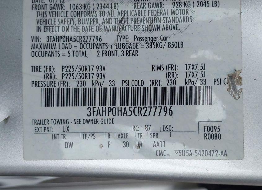 Photo 9 of 2012 Ford Fusion SE (VIN 3FAHP0HA5CR277796)