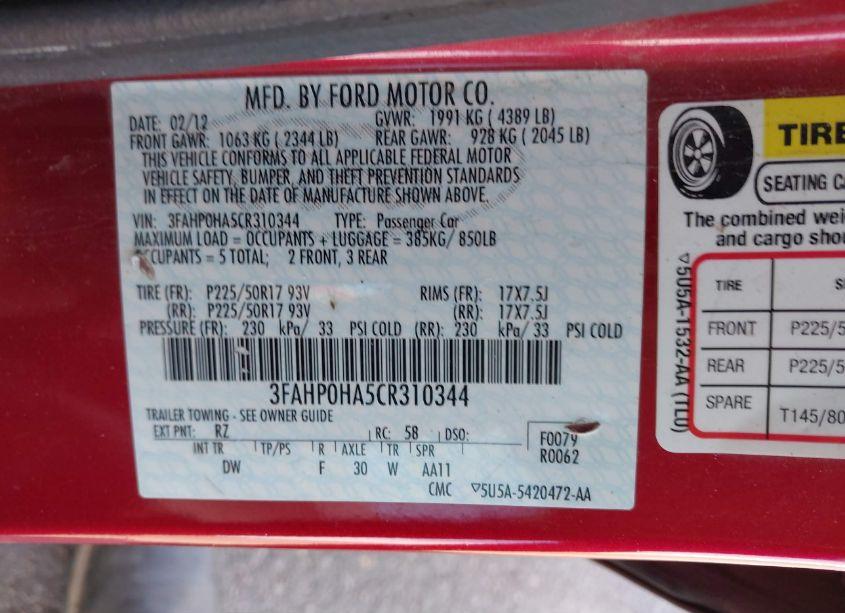 Photo 9 of 2012 Ford Fusion SE (VIN 3FAHP0HA5CR310344)