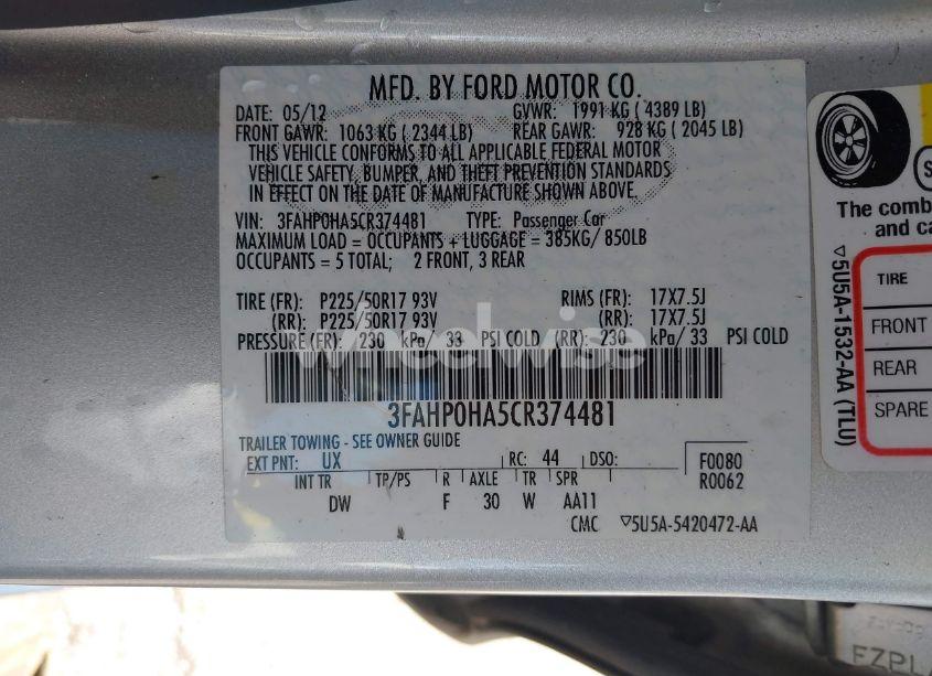 Photo 9 of 2012 Ford Fusion SE (VIN 3FAHP0HA5CR374481)