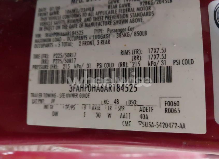 Photo 9 of 2010 Ford Fusion SE (VIN 3FAHP0HA6AR184525)