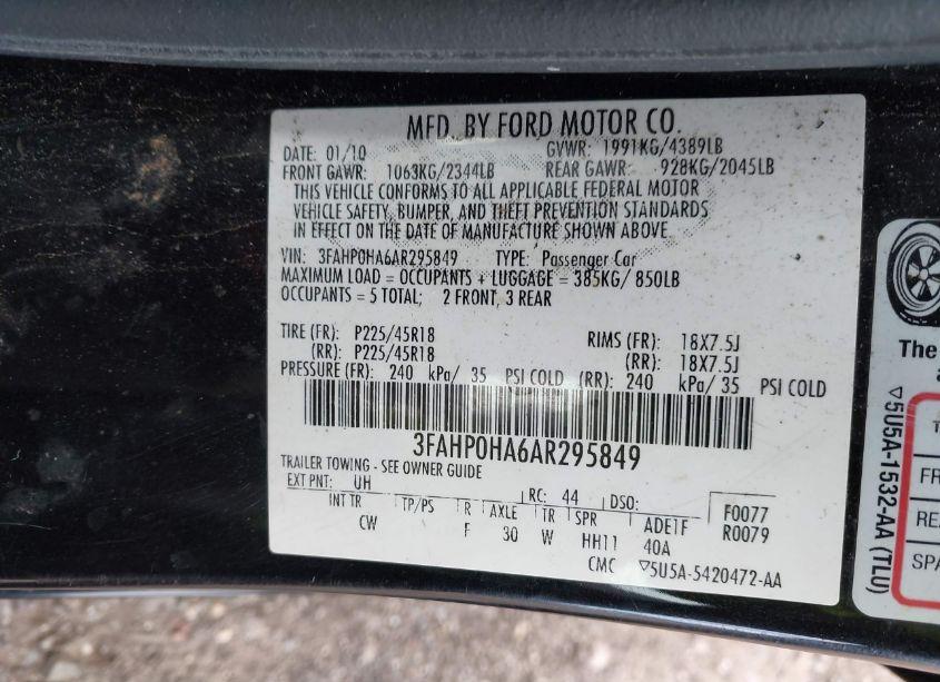 Photo 8 of 2010 Ford Fusion SE (VIN 3FAHP0HA6AR295849)