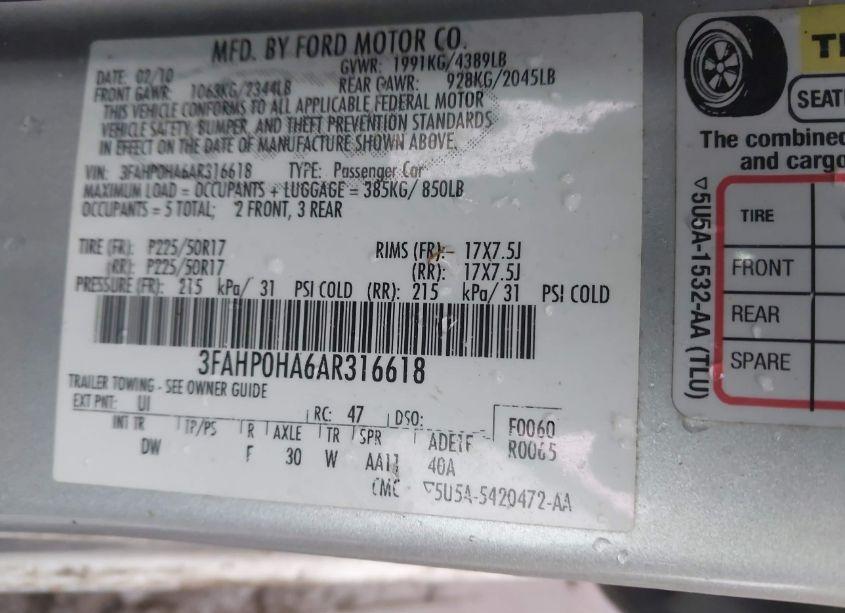 Photo 9 of 2010 Ford Fusion SE (VIN 3FAHP0HA6AR316618)