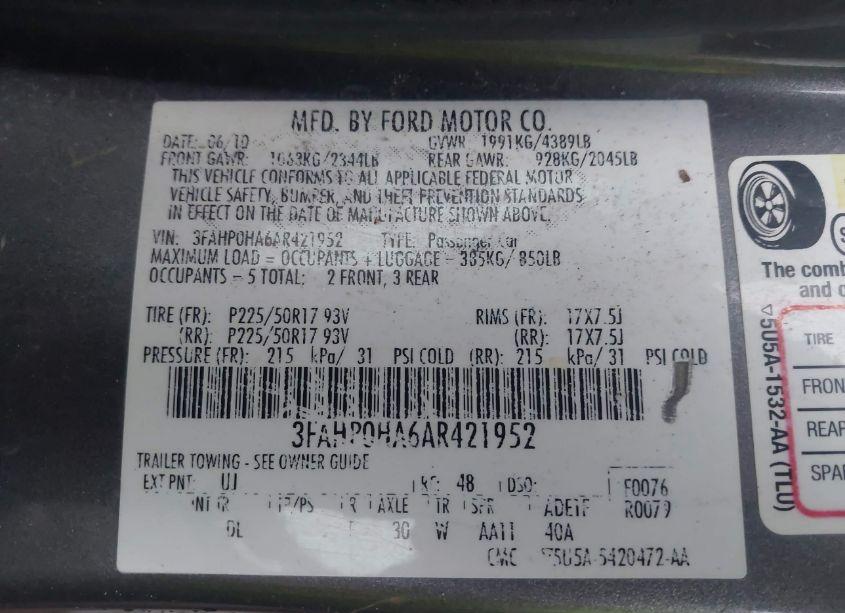 Photo 9 of 2010 Ford Fusion SE (VIN 3FAHP0HA6AR421952)