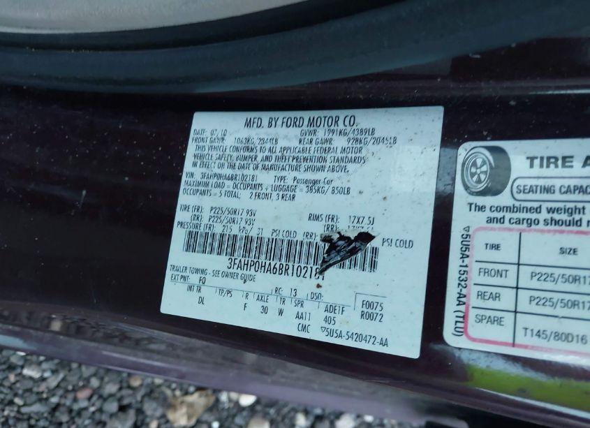 Photo 9 of 2011 Ford Fusion SE (VIN 3FAHP0HA6BR102181)