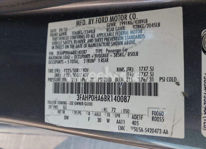 Photo 9 of 2011 Ford Fusion SE (VIN 3FAHP0HA6BR140087)