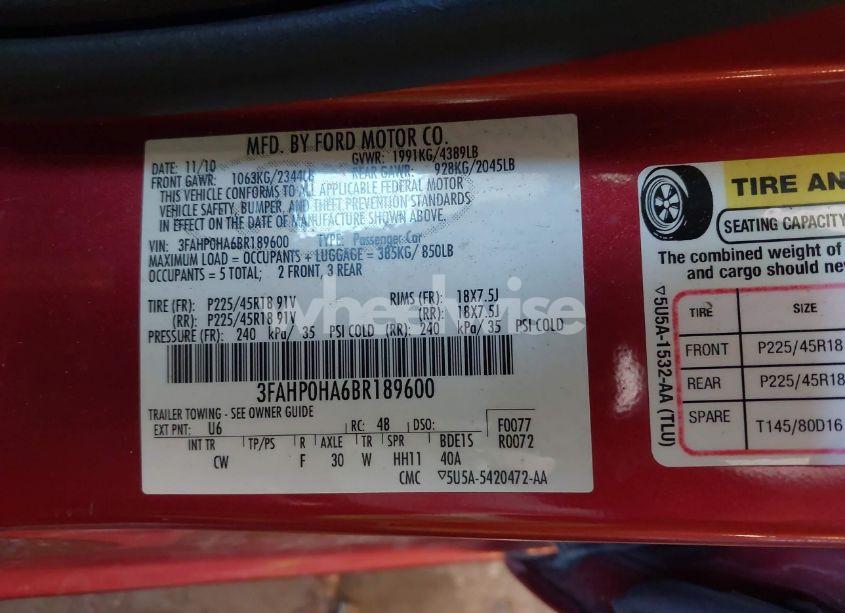 Photo 9 of 2011 Ford Fusion SE (VIN 3FAHP0HA6BR189600)