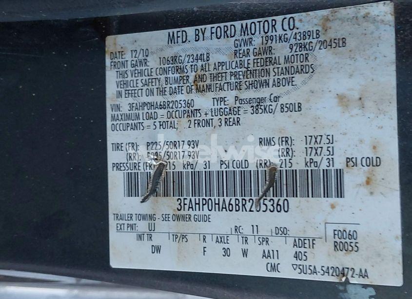 Photo 9 of 2011 Ford Fusion SE (VIN 3FAHP0HA6BR205360)