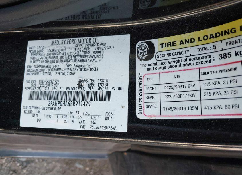 Photo 9 of 2011 Ford Fusion SE (VIN 3FAHP0HA6BR211479)