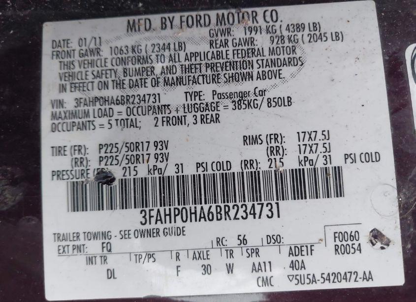 Photo 9 of 2011 Ford Fusion SE (VIN 3FAHP0HA6BR234731)