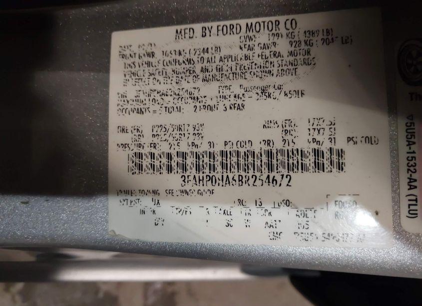 Photo 9 of 2011 Ford Fusion SE (VIN 3FAHP0HA6BR254672)