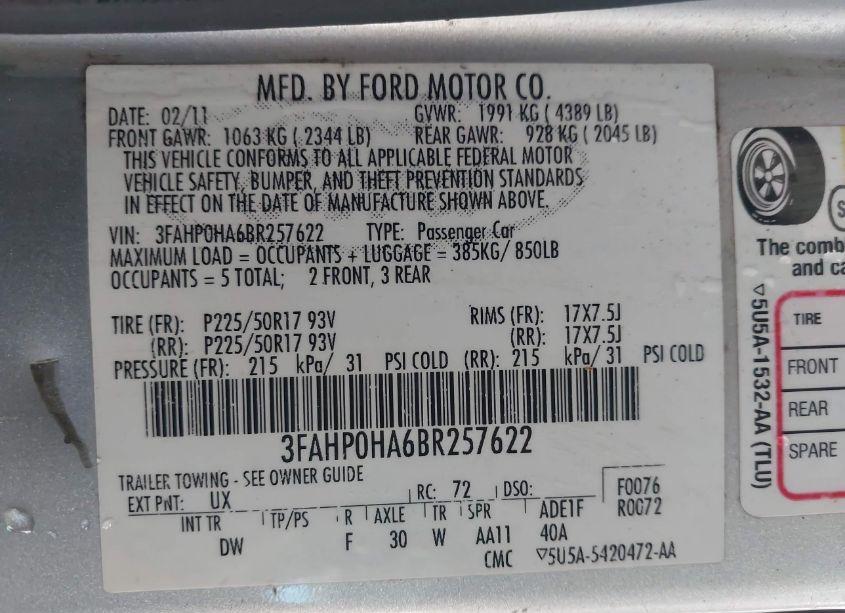 Photo 9 of 2011 Ford Fusion SE (VIN 3FAHP0HA6BR257622)