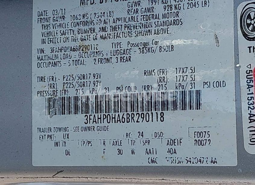 Photo 9 of 2011 Ford Fusion SE (VIN 3FAHP0HA6BR290118)