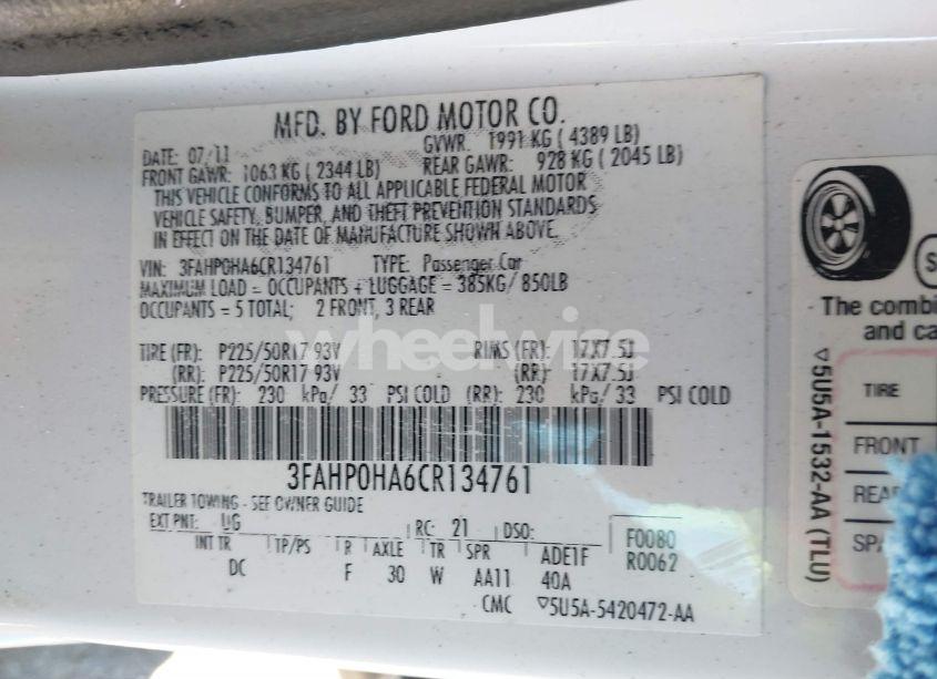 Photo 9 of 2012 Ford Fusion SE (VIN 3FAHP0HA6CR134761)