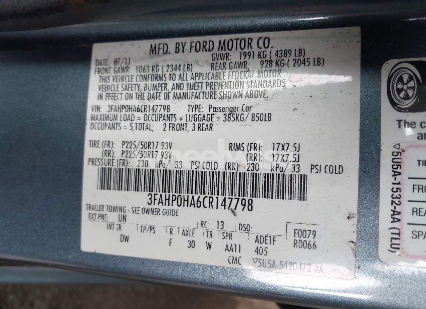 Photo 9 of 2012 Ford Fusion SE (VIN 3FAHP0HA6CR147798)