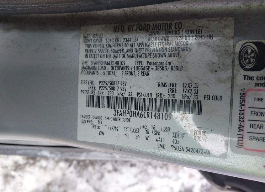 Photo 9 of 2012 Ford Fusion SE (VIN 3FAHP0HA6CR148109)