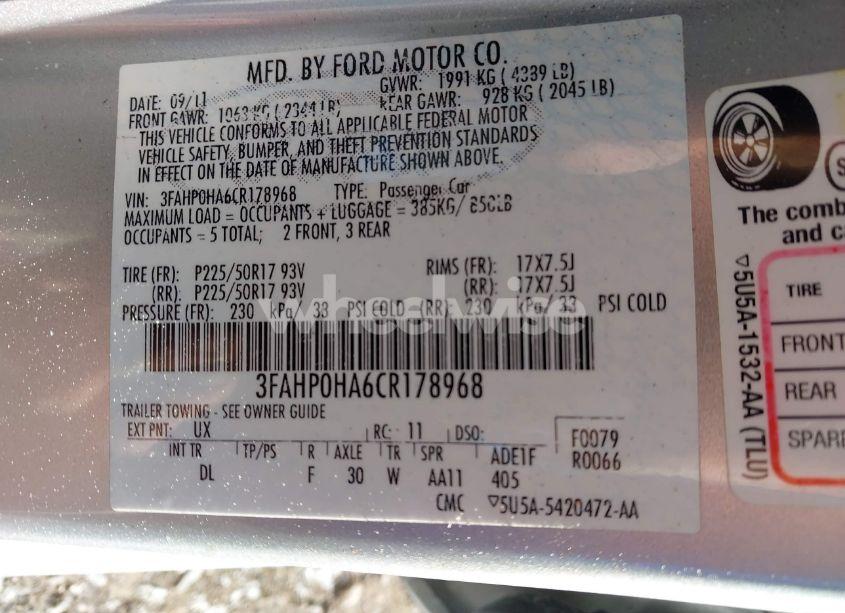Photo 9 of 2012 Ford Fusion (VIN 3FAHP0HA6CR178968)