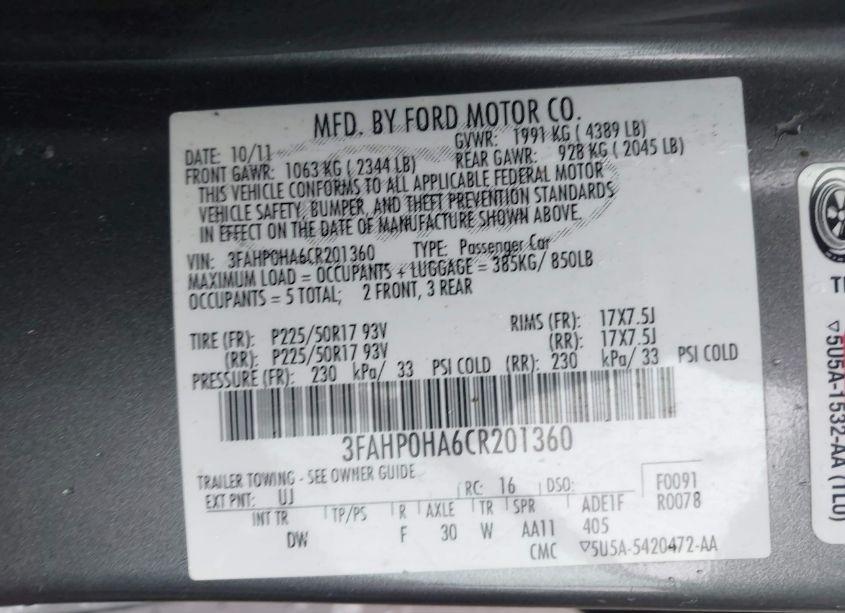 Photo 9 of 2012 Ford Fusion SE (VIN 3FAHP0HA6CR201360)
