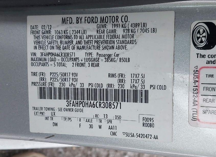 Photo 9 of 2012 Ford Fusion SE (VIN 3FAHP0HA6CR308571)