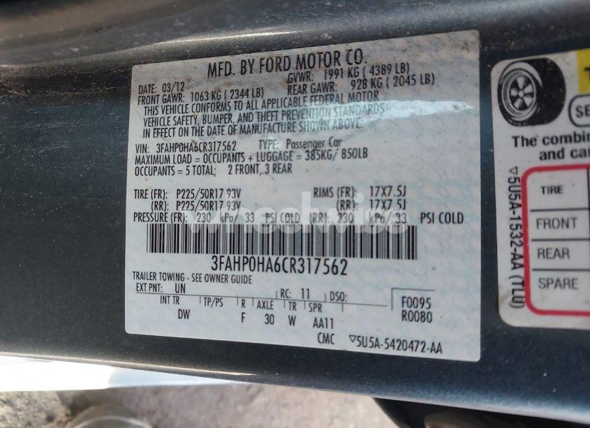 Photo 9 of 2012 Ford Fusion SE (VIN 3FAHP0HA6CR317562)