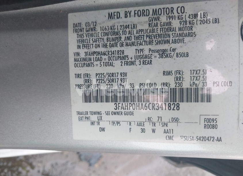 Photo 9 of 2012 Ford Fusion SE (VIN 3FAHP0HA6CR341828)