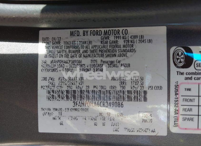 Photo 9 of 2012 Ford Fusion SE (VIN 3FAHP0HA6CR349086)