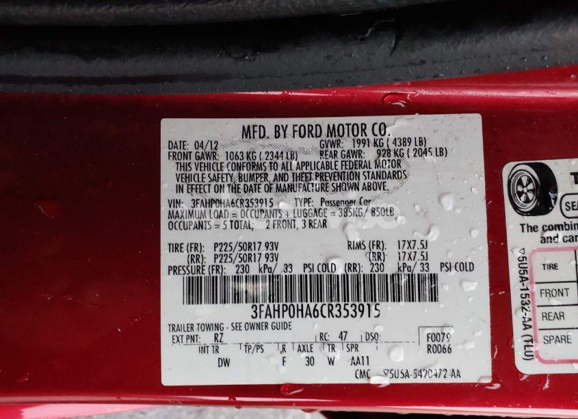 Photo 9 of 2012 Ford Fusion SE (VIN 3FAHP0HA6CR353915)