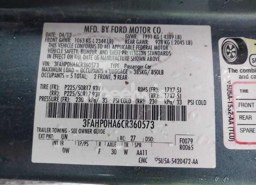 Photo 9 of 2012 Ford Fusion SE (VIN 3FAHP0HA6CR360573)