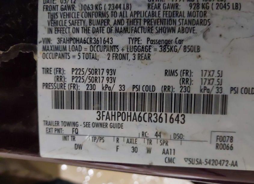 Photo 9 of 2012 Ford Fusion SE (VIN 3FAHP0HA6CR361643)