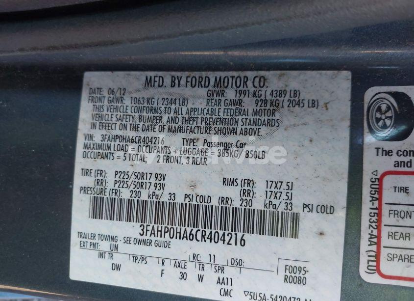 Photo 9 of 2012 Ford Fusion SE (VIN 3FAHP0HA6CR404216)